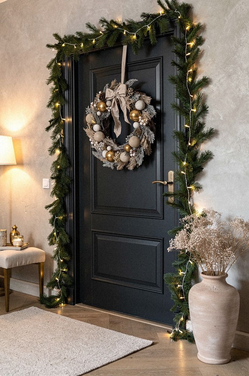 Mix dried flowers with a dark painted door