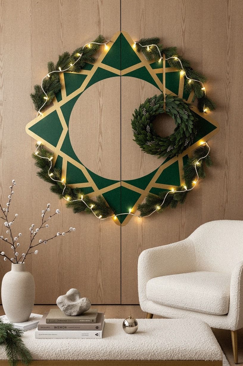 Paint a geometric wreath on a wood panel