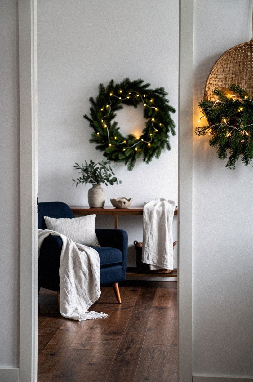 Use a woven basket as a half-wreath