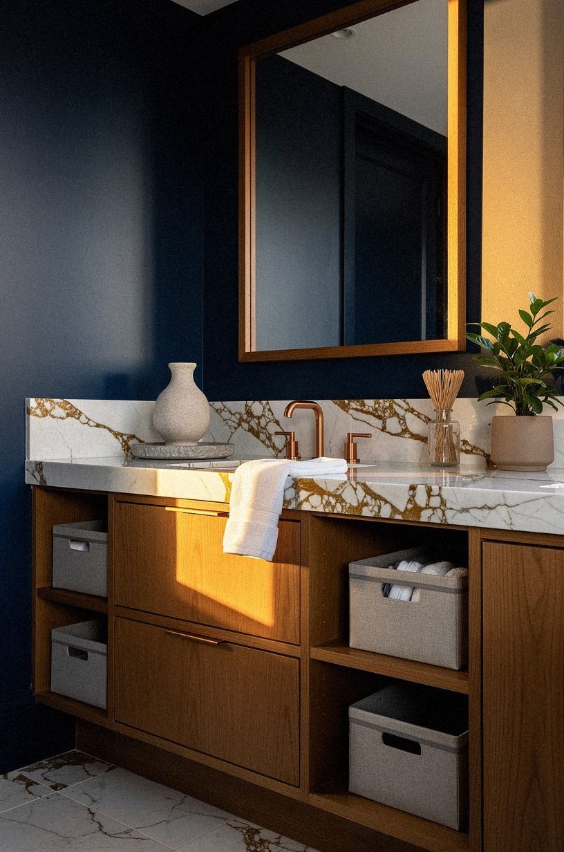Frame the vanity with warm wood