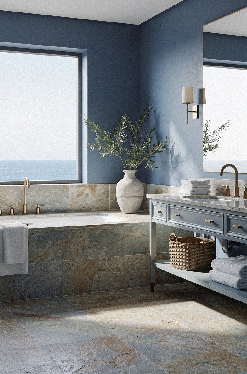 Try a blue house decor moment with stone