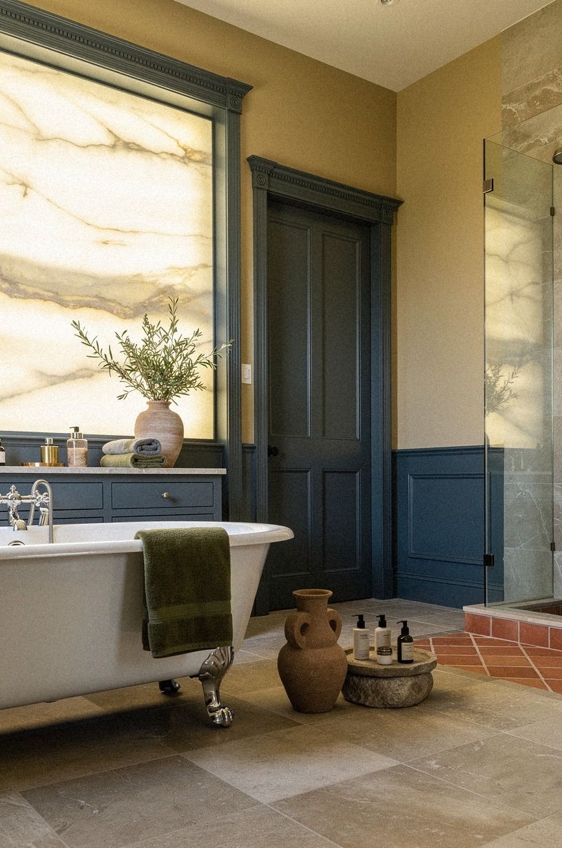 Try Benjamin Moore Chestertown Buff against blue