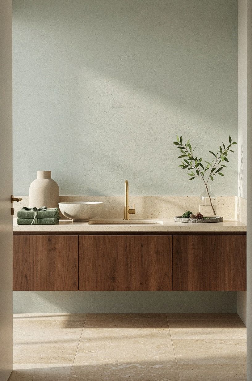 Paint Sea Salt Above a Walnut Vanity