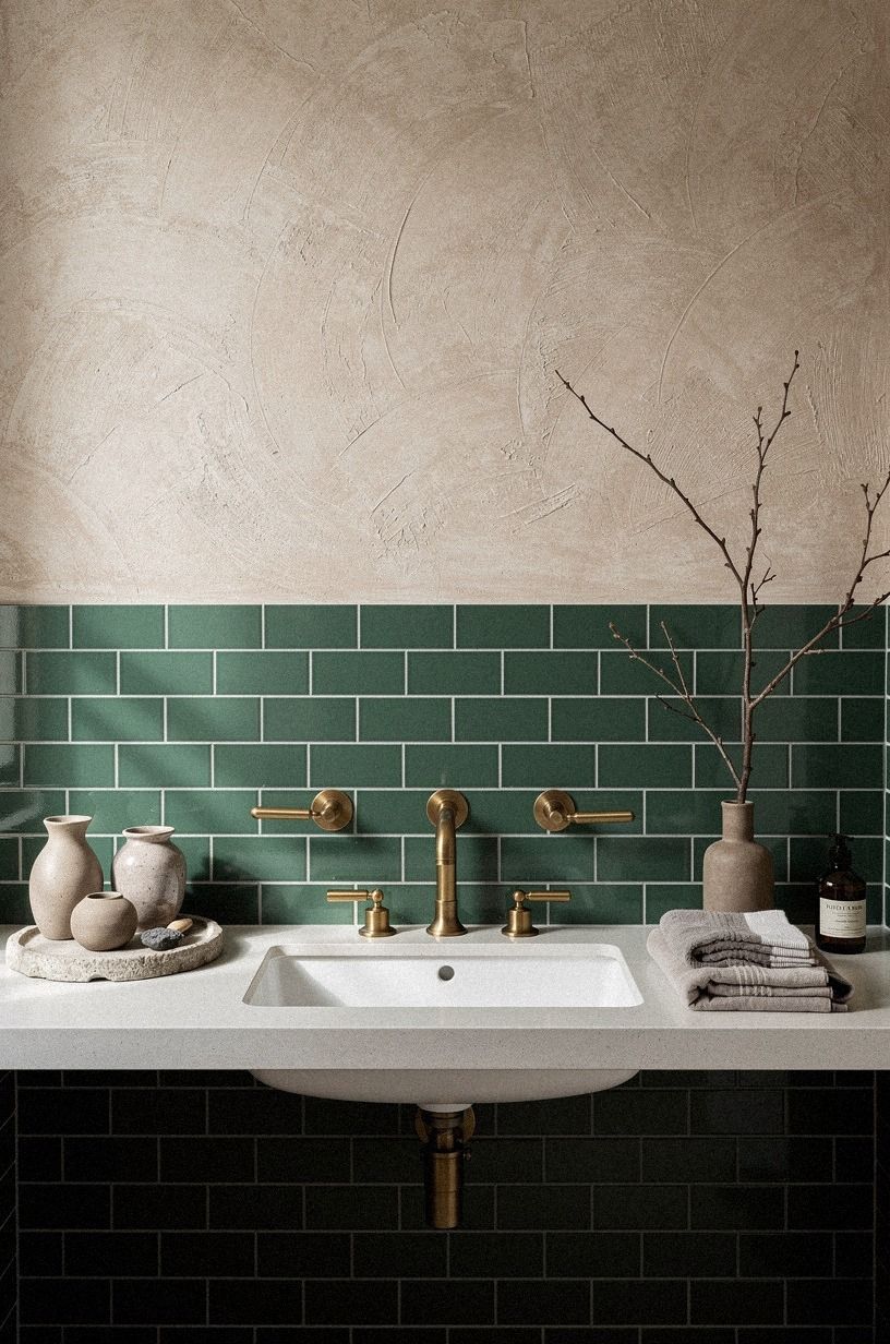Anchor green subway tile below the paint line