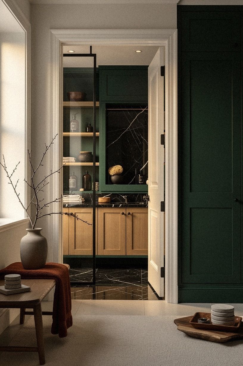 Contrast dark green with Benjamin Moore White Dove