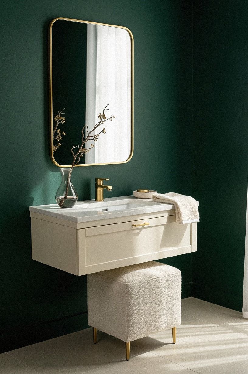 Float a compact vanity under deep green walls