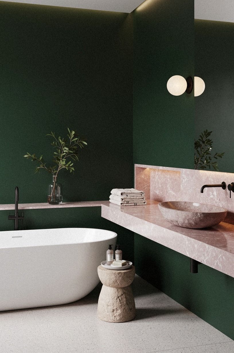 Mix green walls with pink marble accents