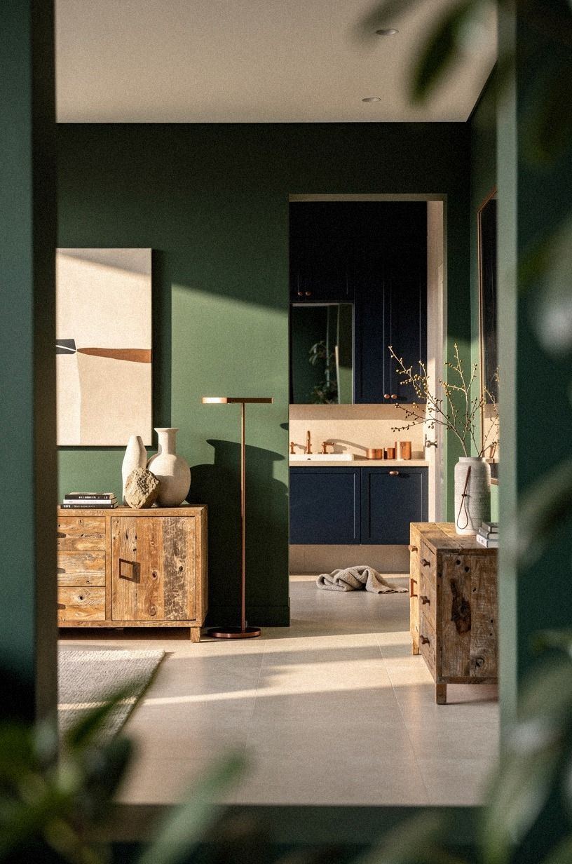 Pair green paint with a limestone-look floor