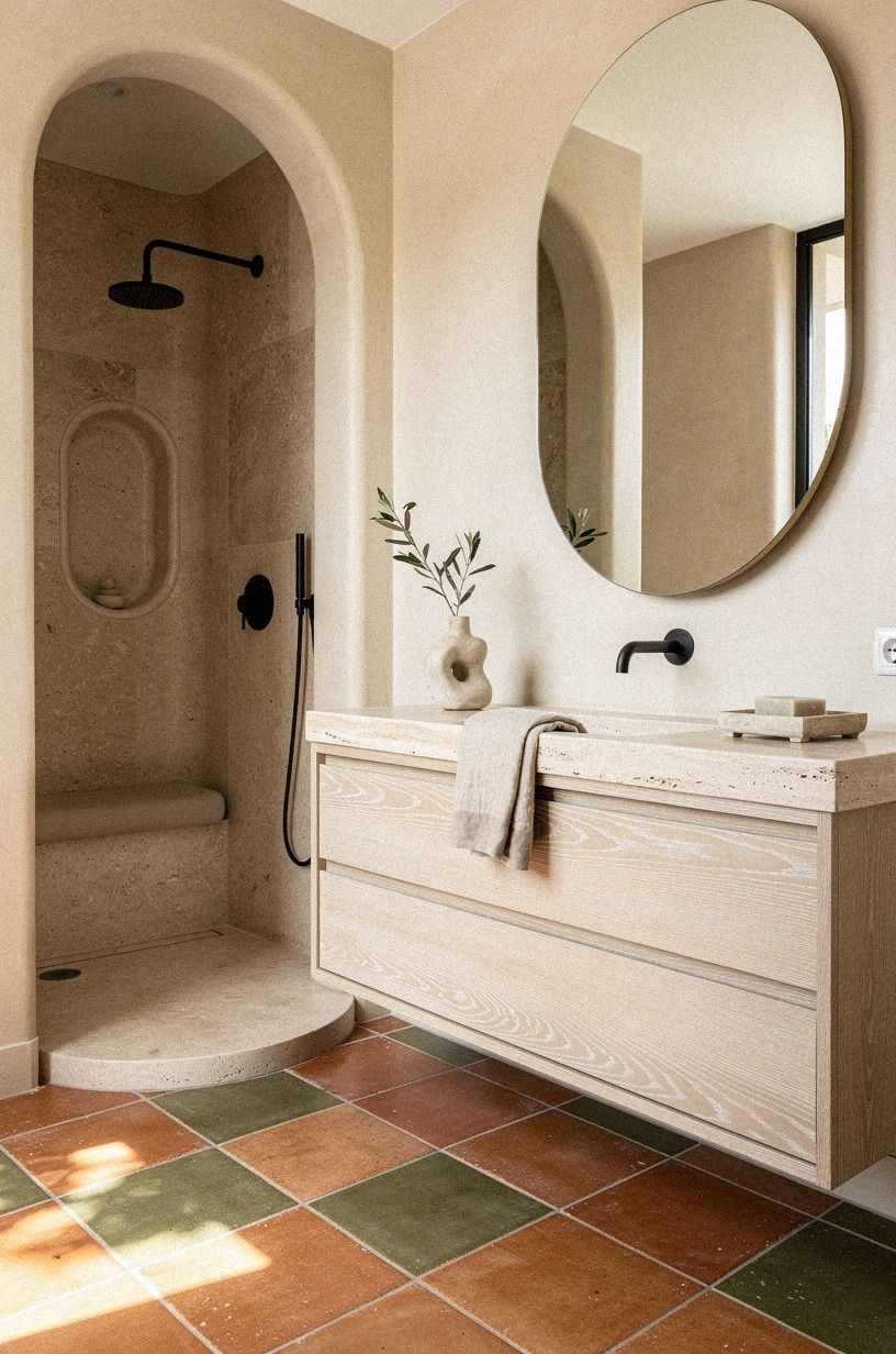 Anchor the Tile With a Warm Travertine Vanity