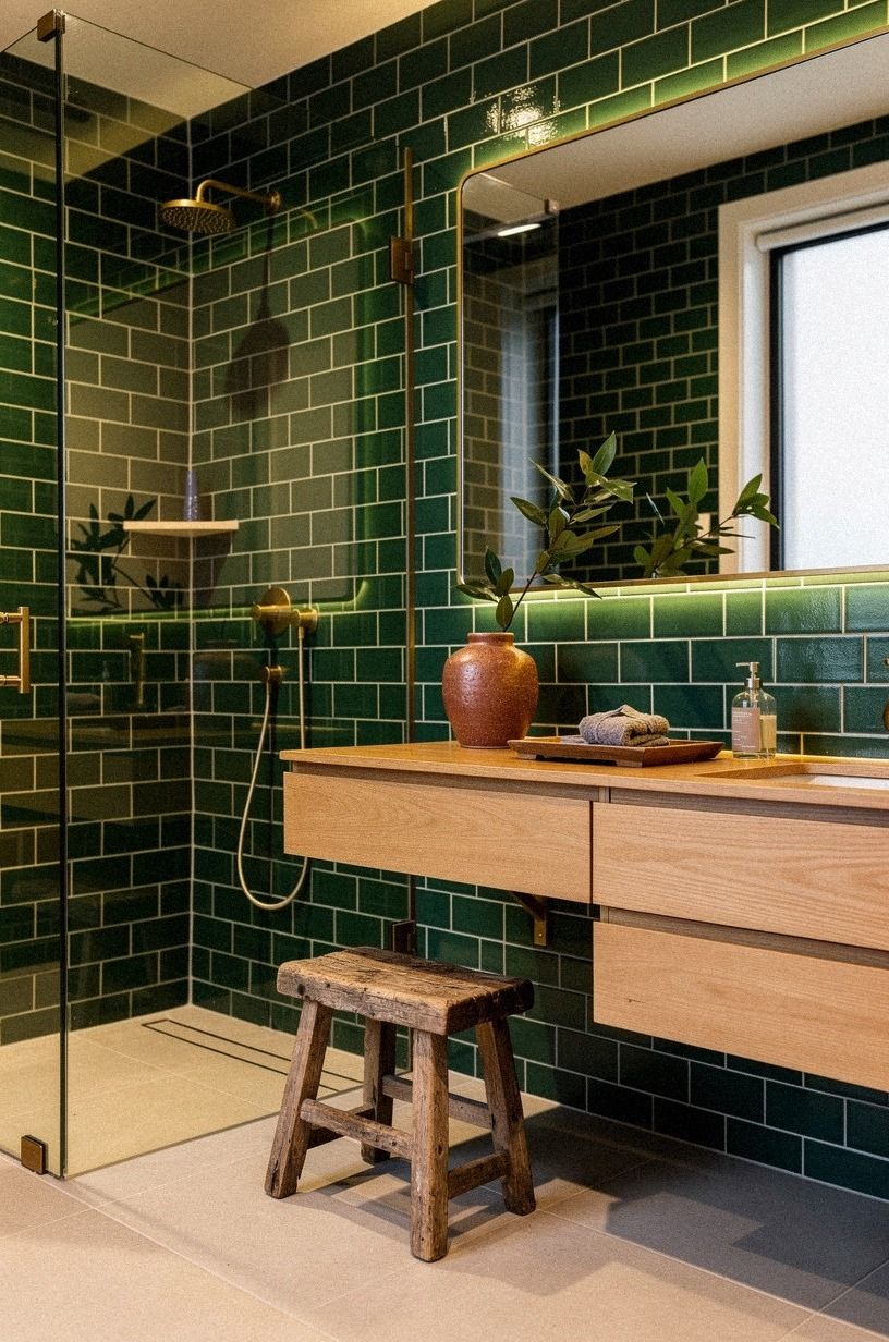 Layer a Cream Grout Reveal With Green Bathroom Subway Tile