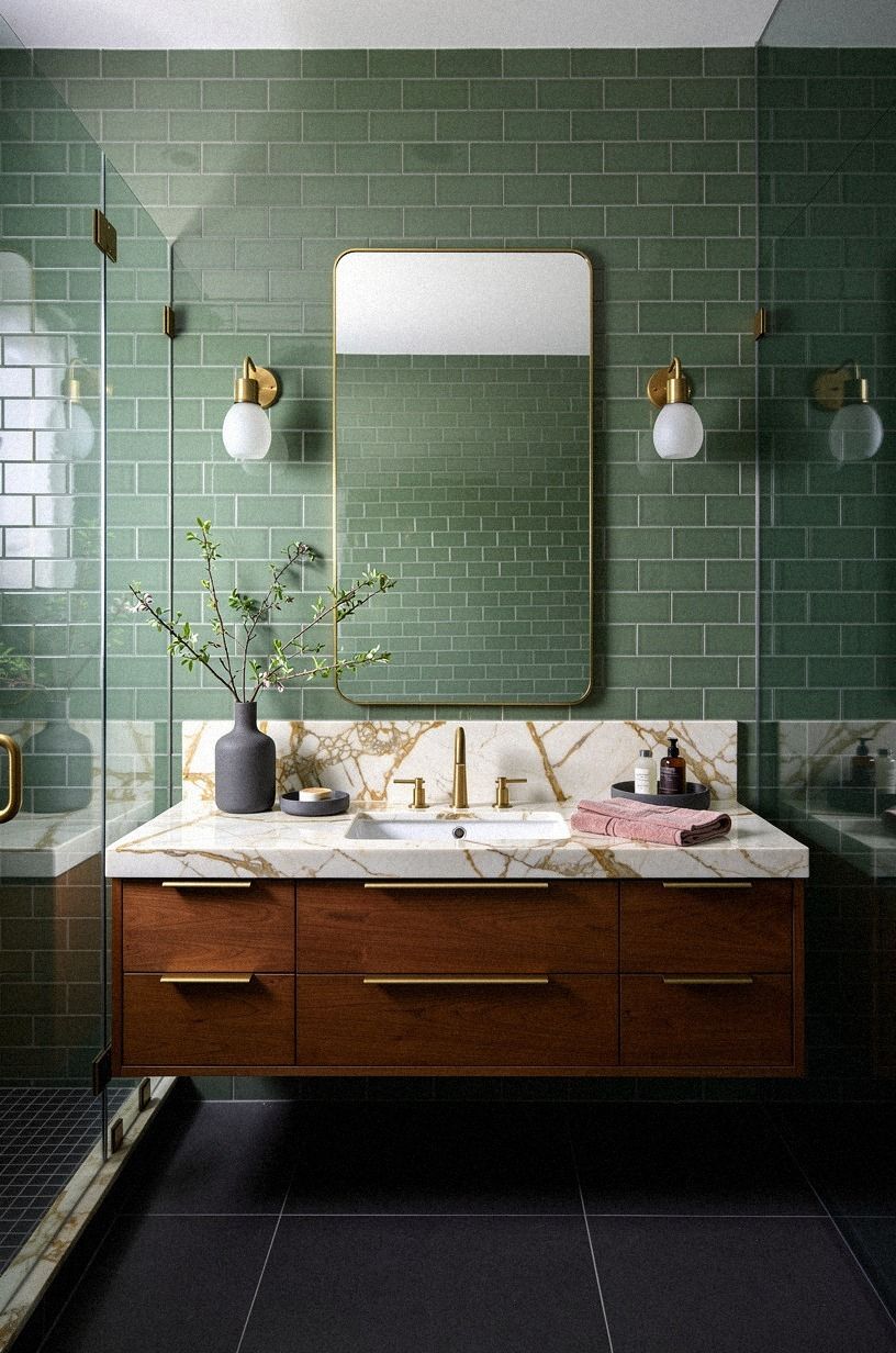 Which Green Bathroom Subway Tile Layout Feels Most Classic?