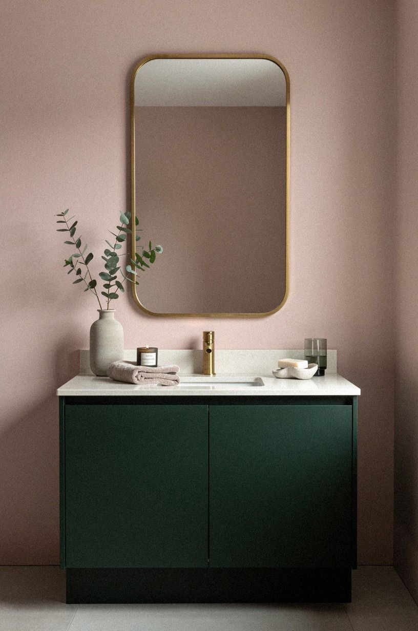 Frame the sink with warm metal and pink contrast