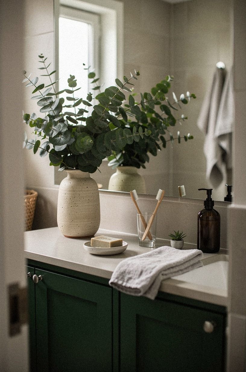 Paint forest green bathroom cabinets around the mirror