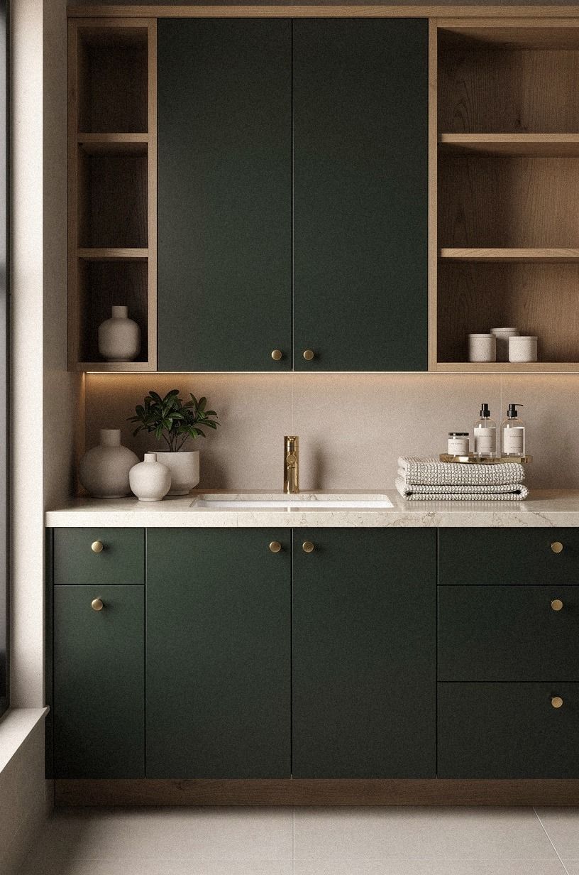 Use The Two-Wood Rule for bathroom ideas with wood cabinets