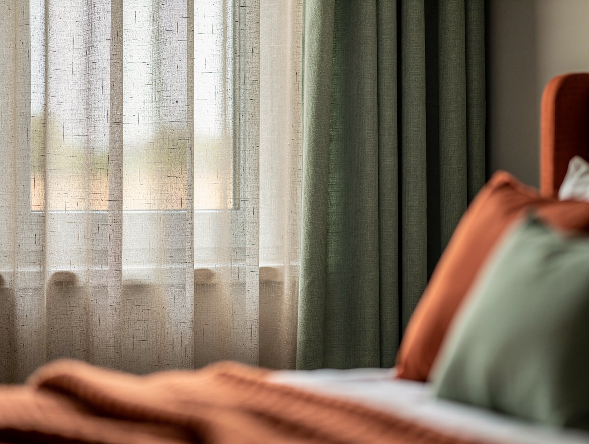 Realistic close-up editorial photo of a bedroom window with layered sheer linen-
