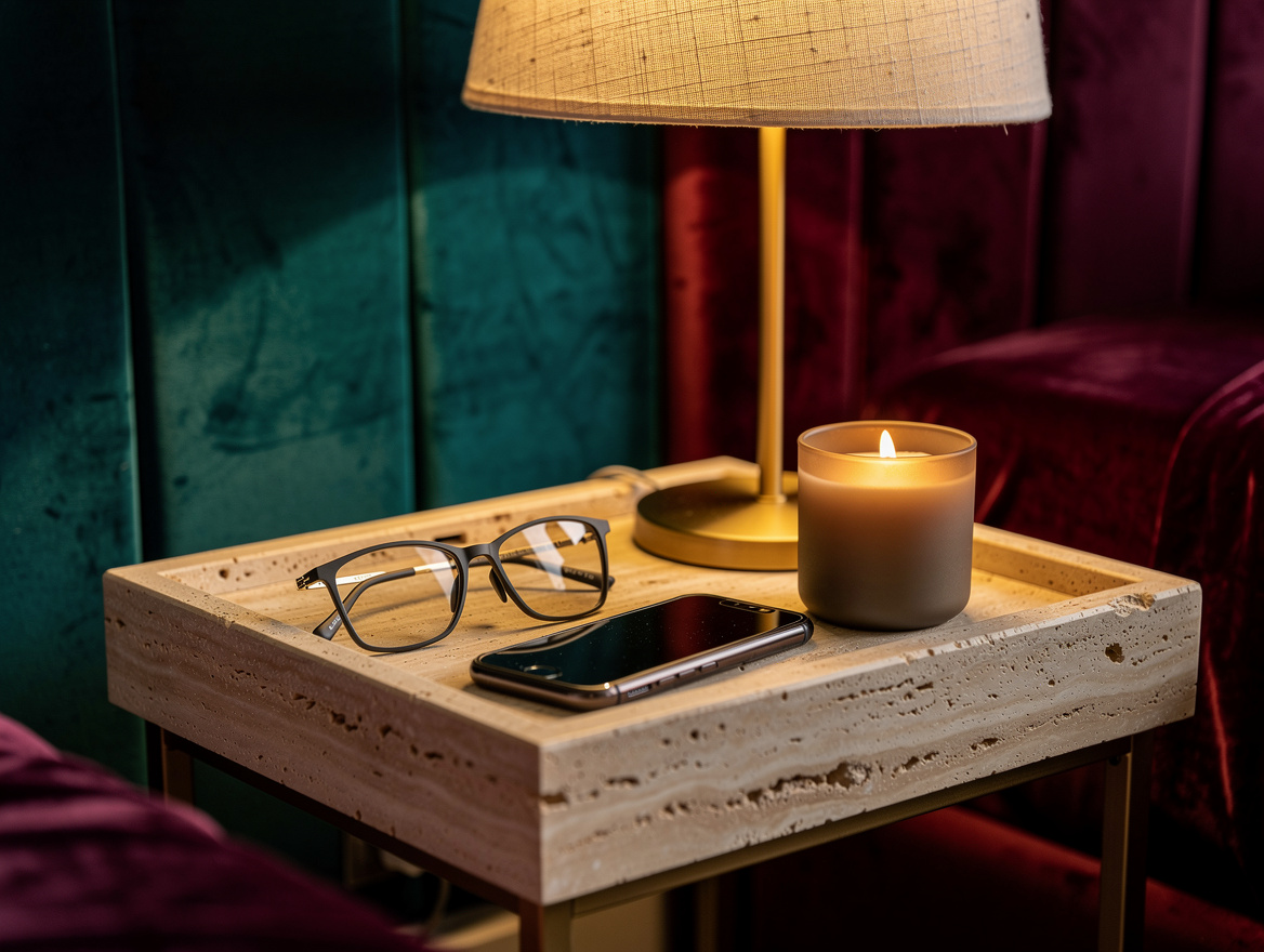 Close-up realistic editorial photo of a travertine bedside tray holding eyeglass