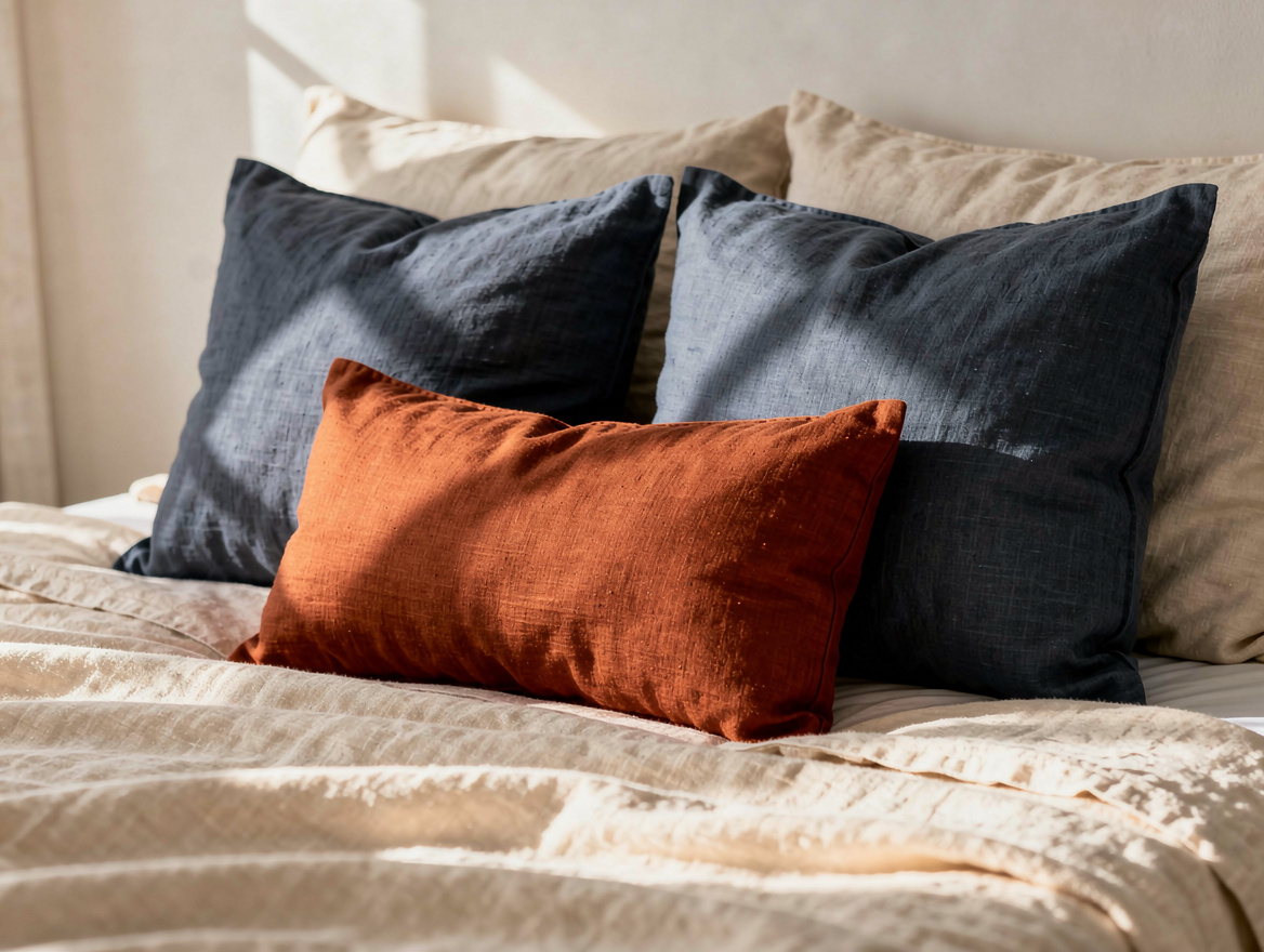 Realistic close-up editorial photo of two dusty-blue linen cushions and one terr