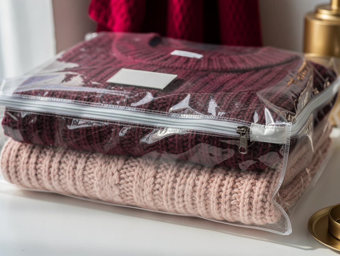 Realistic close-up photo of chunky knit sweaters folded flat inside a clear vacu