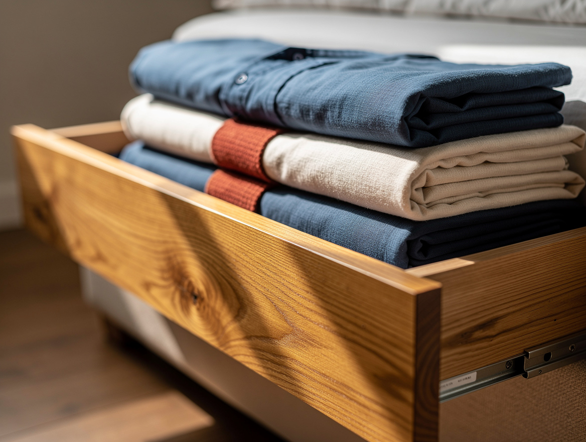 Realistic close-up editorial photo of a cedar-lined footboard drawer partly open