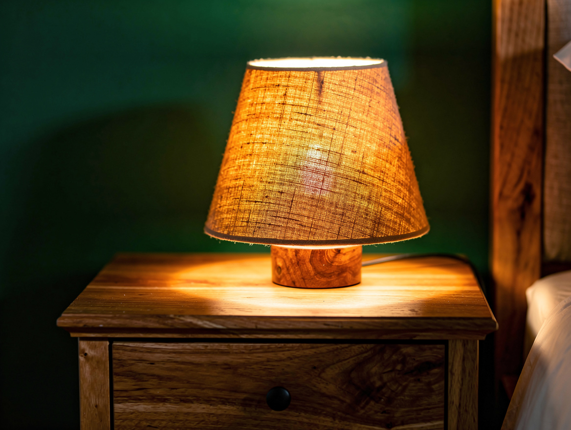 Realistic close-up editorial photo of a dim-to-warm bedside lamp with a linen-lo