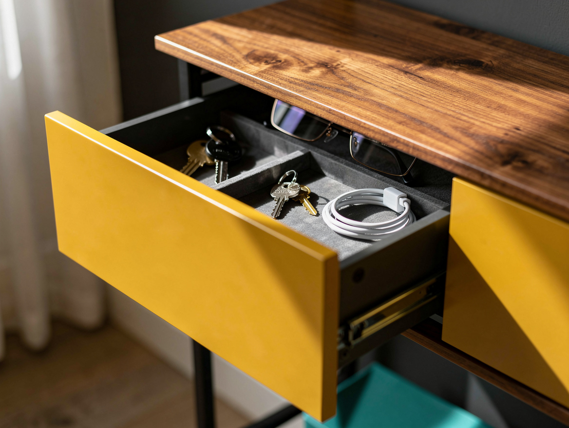 Realistic close-up editorial photo of a slim console's concealed sliding doors h