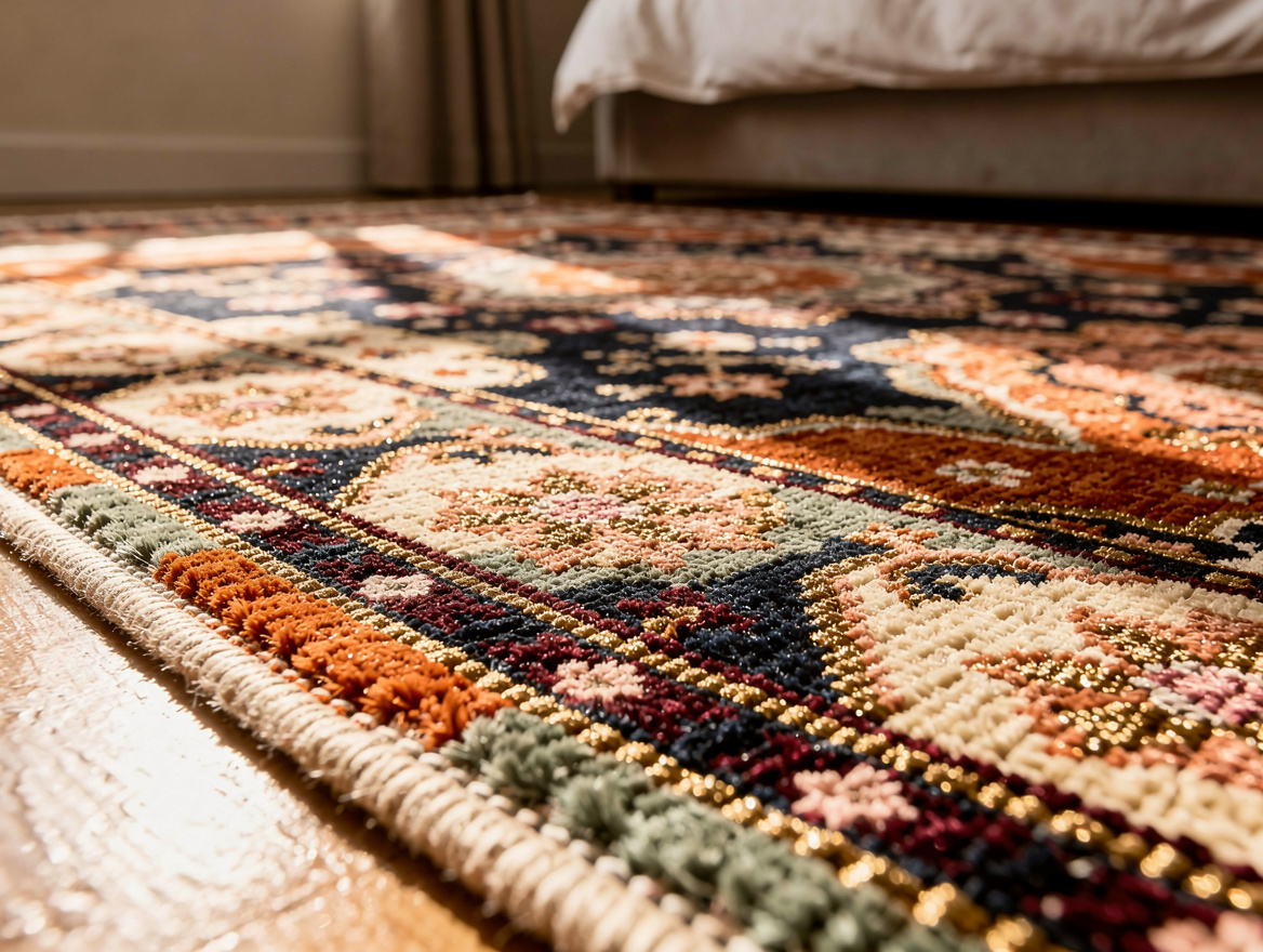 Realistic close-up editorial photo of a colorful vintage rug showing faded terra