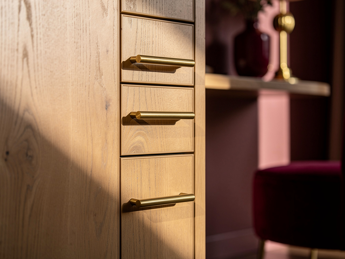 Realistic close-up editorial photo of aligned dresser drawers, oak-effect wardro