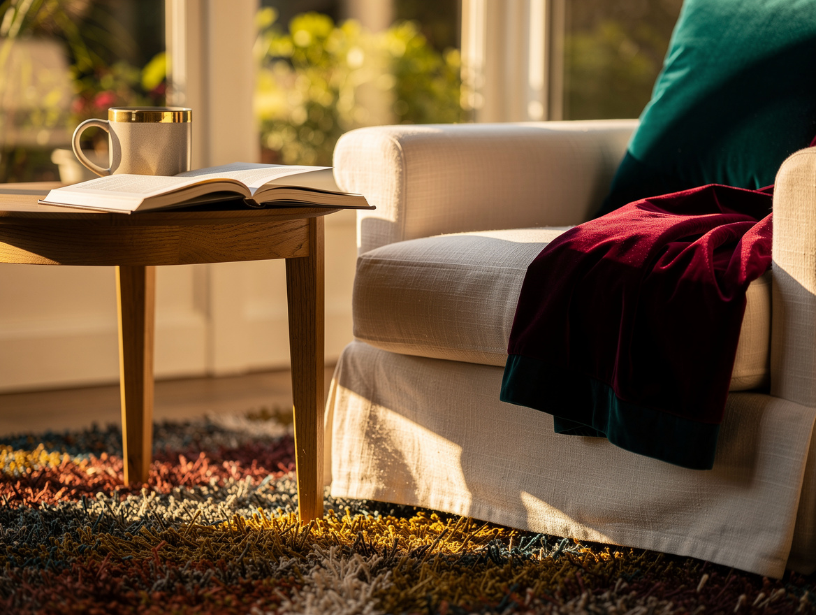 Realistic close-up photo of a sunroom retreat detail with a linen-covered lounge