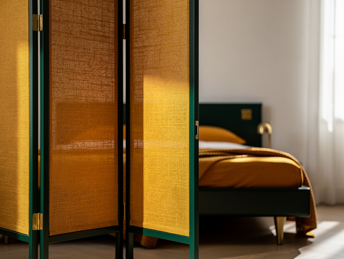 Realistic close-up editorial photo of a folding screen with removable fabric pan