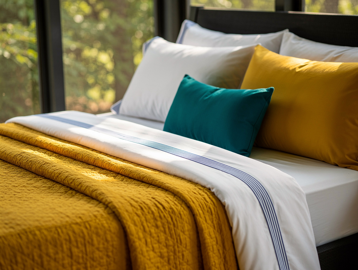 Realistic editorial detail photo of white cotton percale bedding, a narrow blue