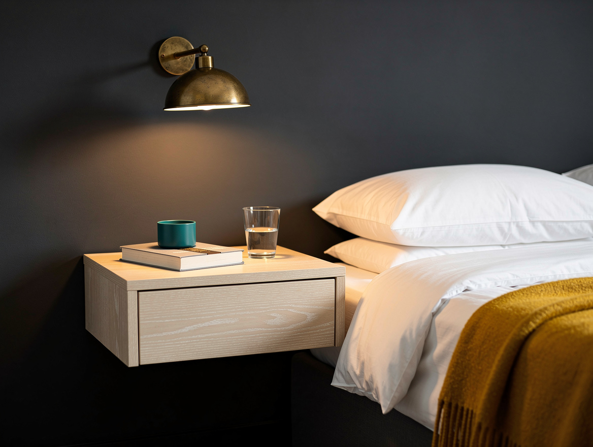 Realistic editorial detail photo of a white-oak floating drawer nightstand besid
