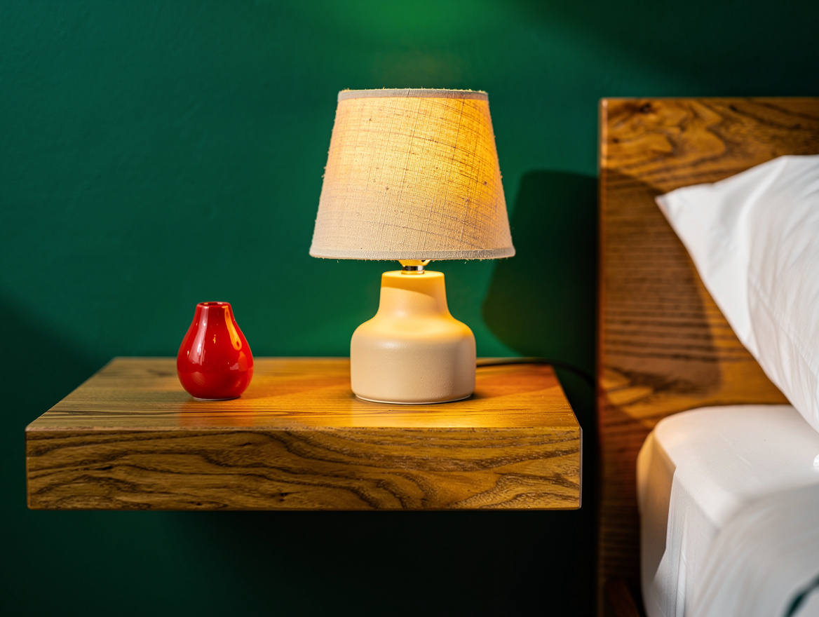 Realistic close-up detail of a small beige bedside lamp with a stable base on a