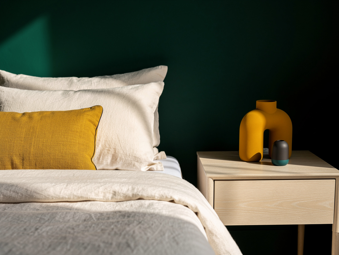 Realistic close-up editorial photo of cream linen bedding, a small tonal cushion