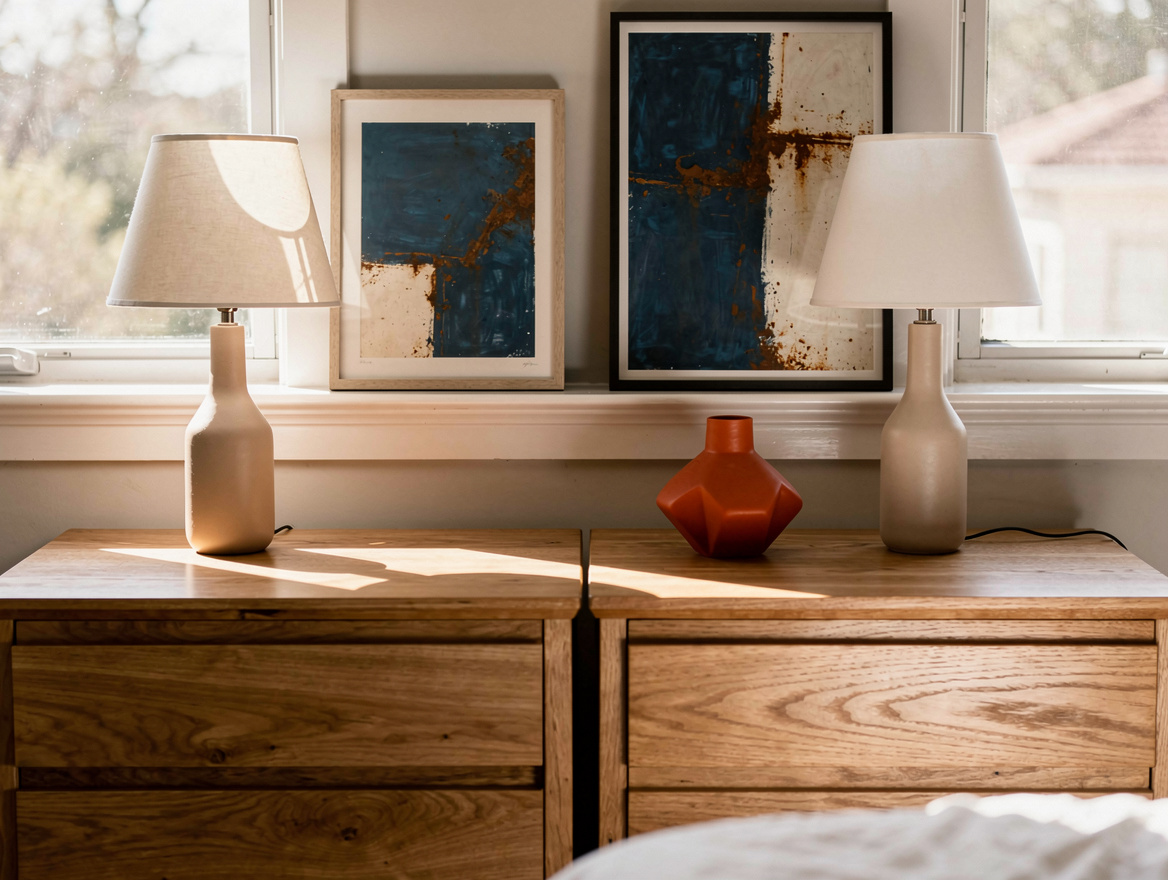 Realistic close-up editorial photo of matching oak-look dresser tops below a bed