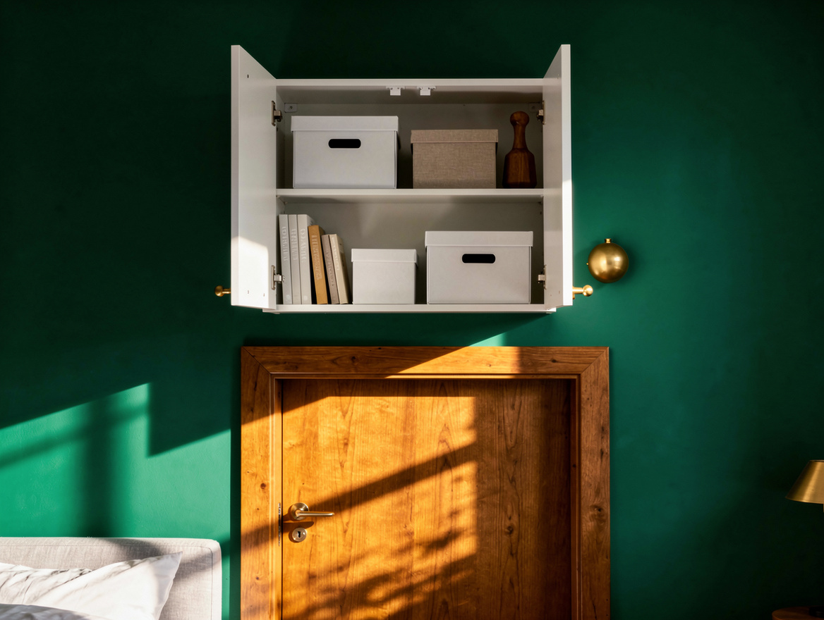 Realistic editorial detail photo of a shallow white IKEA-style wall cabinet moun