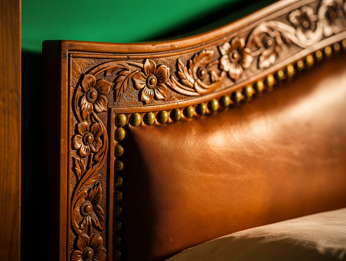 Realistic close-up editorial photo of hand-tooled saddle-brown leather on a bedr