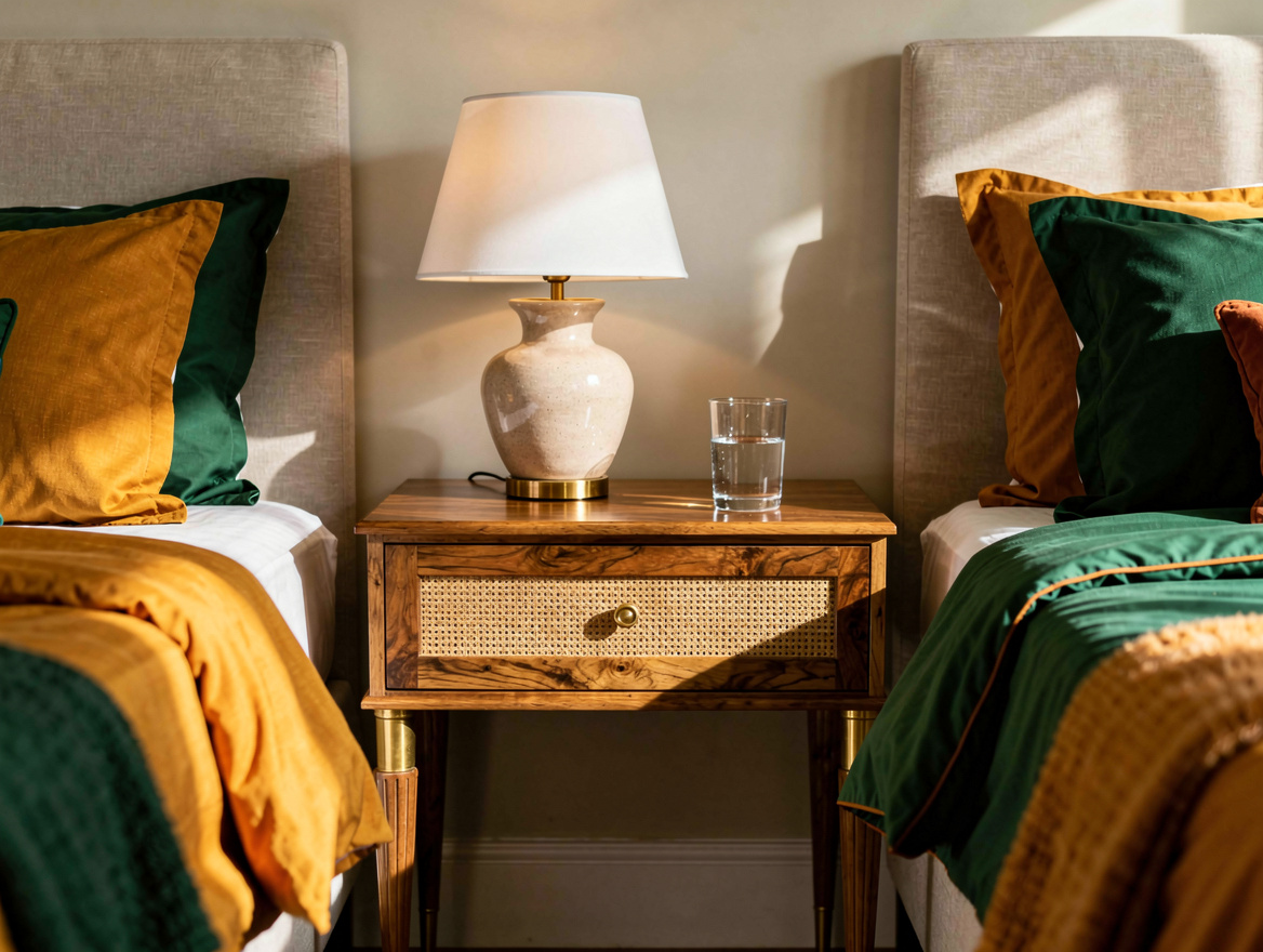 Realistic editorial detail photo of a narrow shared console between two twin bed