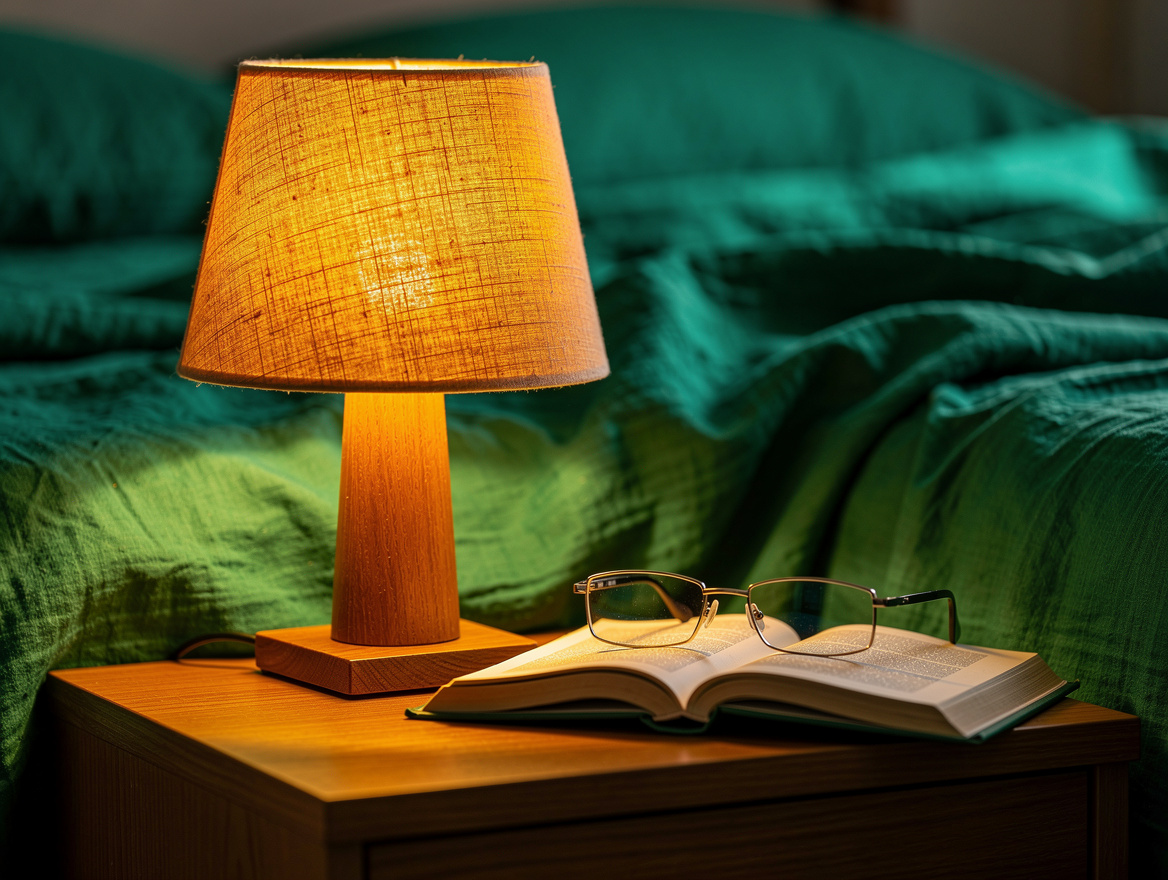 Realistic close-up editorial photo of a bedside lamp shade hiding the bulb besid