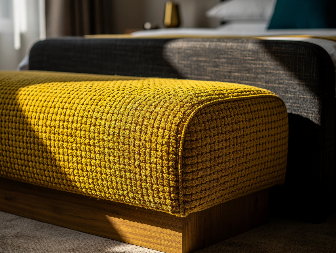 Realistic close-up editorial photo of a low curved ivory loop-textured ottoman b