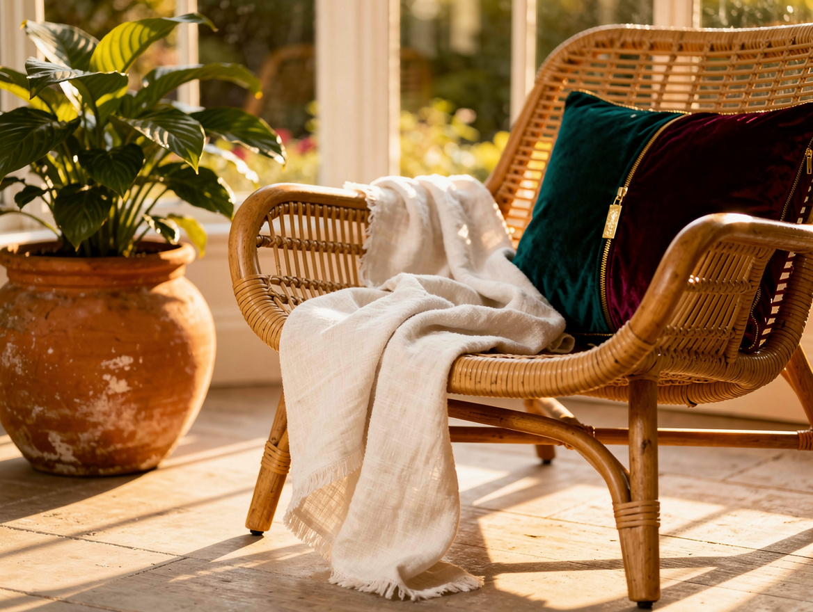 Realistic close-up editorial photo of a rattan lounge chair beside a terracotta