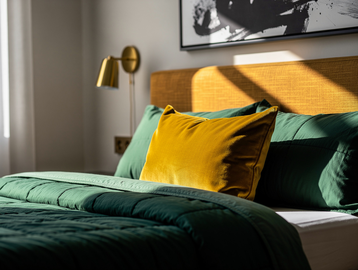 Realistic close-up photo of layered bedroom textures, linen headboard, cotton qu