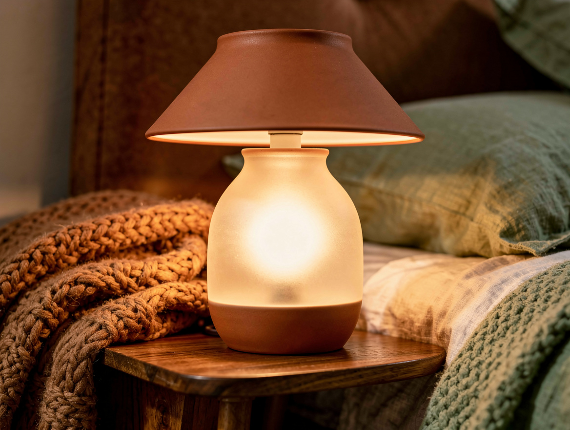 Realistic close-up editorial photo of a frosted 2700K bedside bulb glowing throu