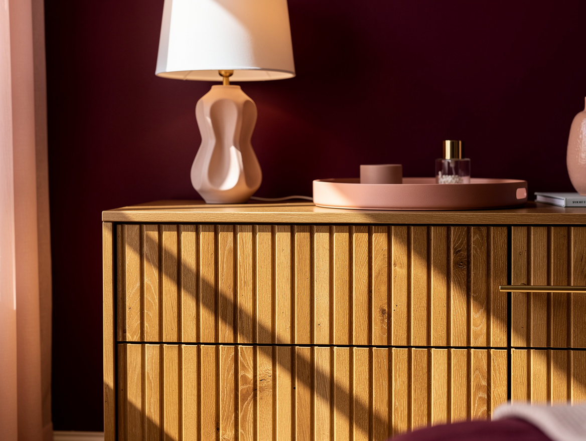 Realistic close-up editorial photo of a dresser divider back finished with warm