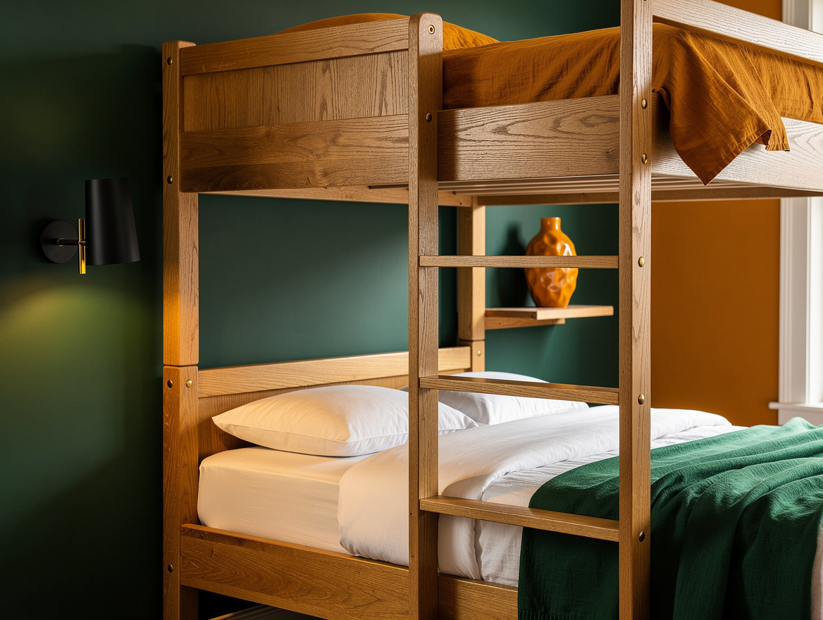 Realistic editorial detail photo of a refined adult bunk bed showing warm oak jo