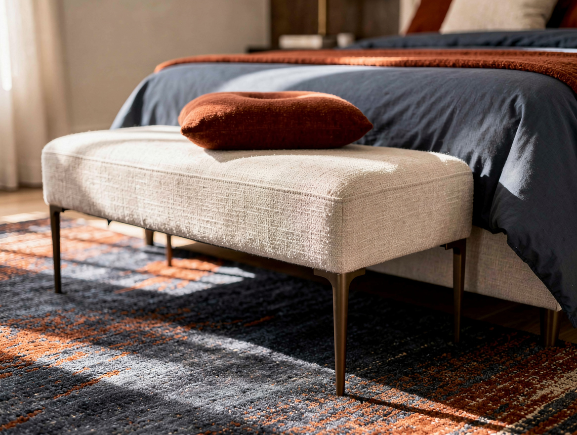 Realistic close-up photo of a transitional bedroom bench in oatmeal textured uph