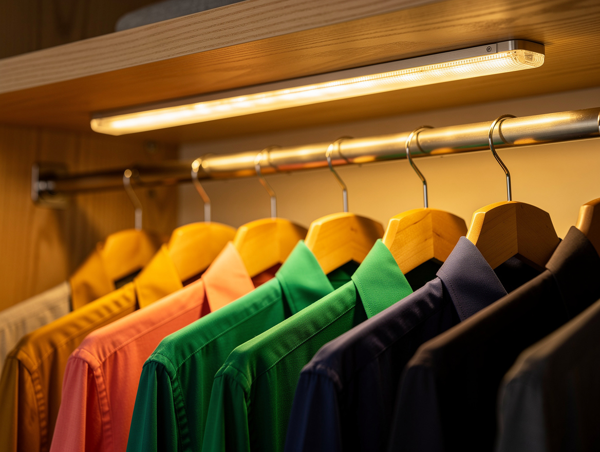 Realistic close-up photo of a warm LED bar mounted beneath a closet shelf, color