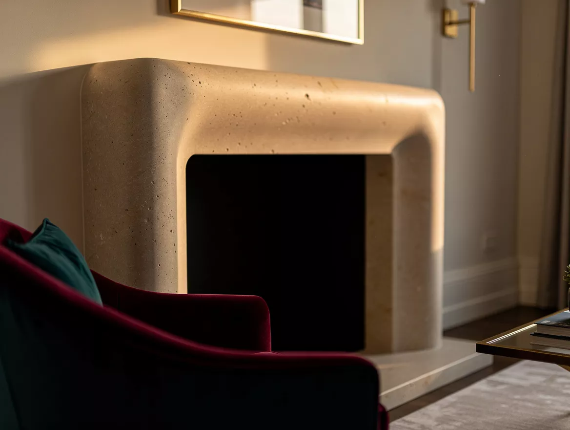 Close-up editorial photo of a honed limestone fireplace surround showing its rou