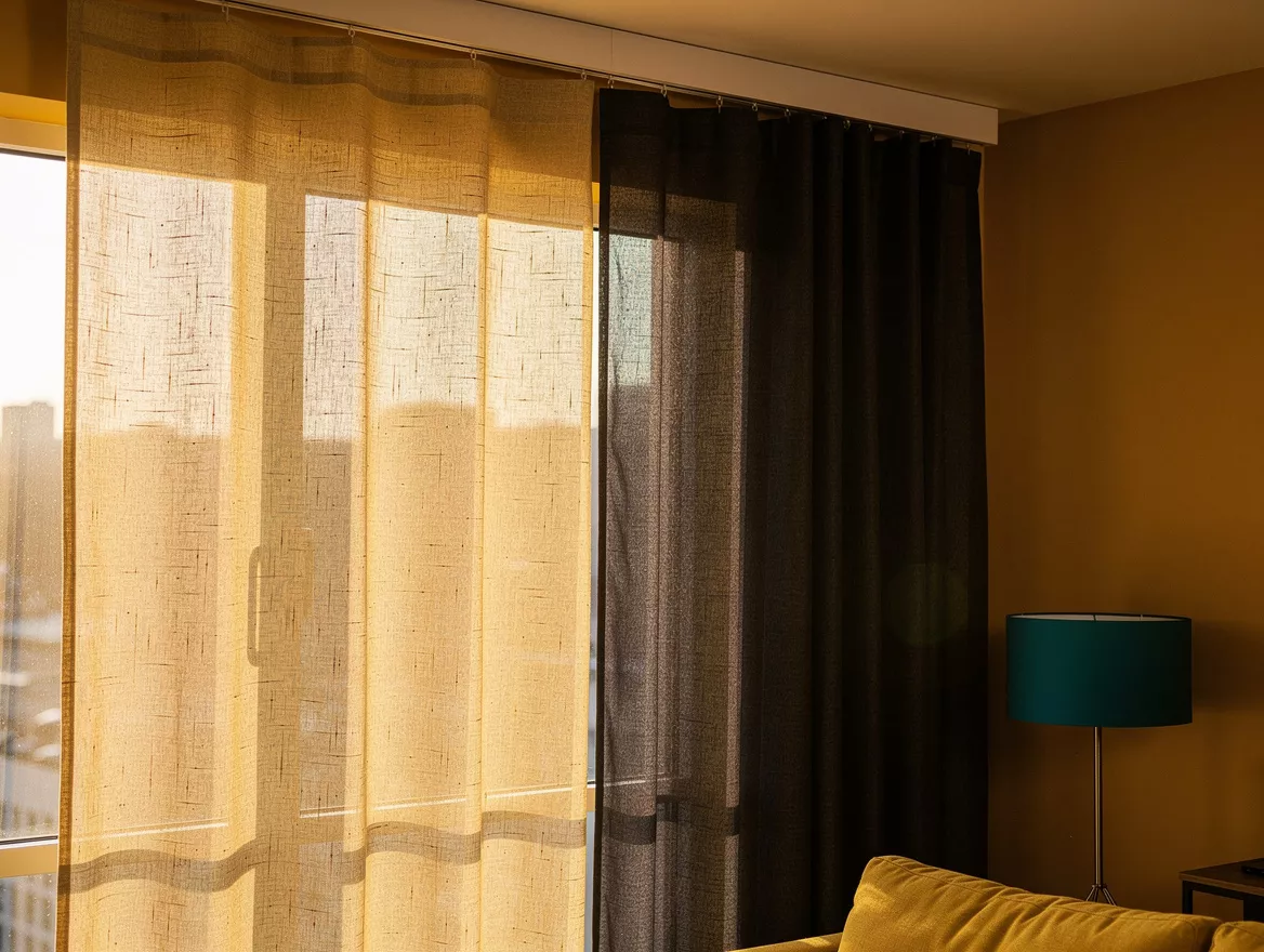 Realistic editorial detail photo of layered sheer and room-darkening curtain fab