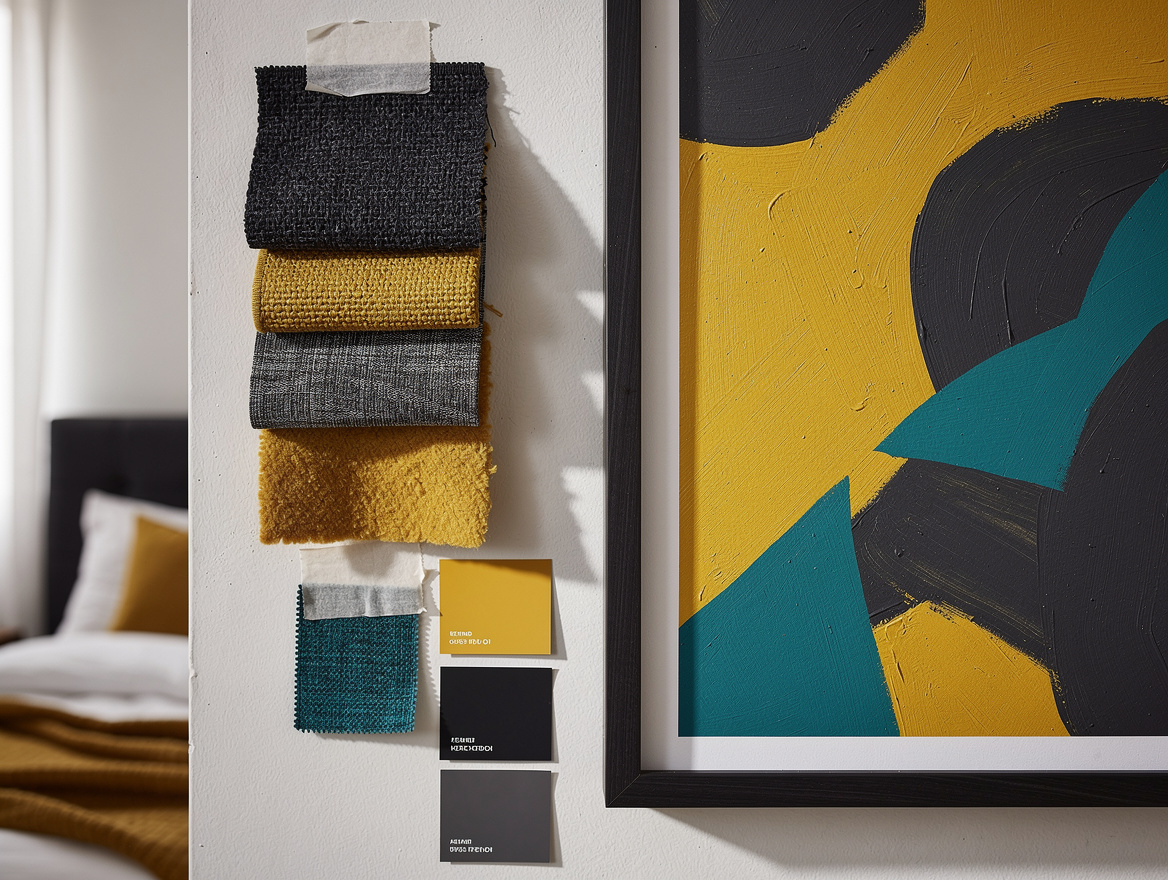 Realistic close-up editorial photo of framed artwork beside several paint swatch