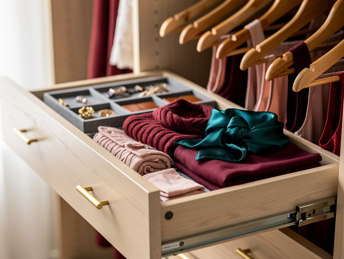 Realistic close-up editorial photo of IKEA PAX closet drawers holding folded acc